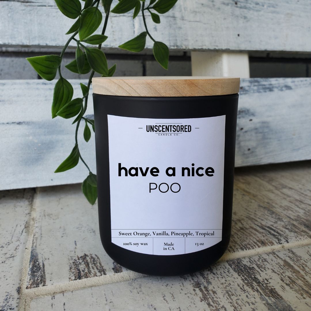 have a nice poo luxury black grey cream candle wood wick soy wax fruity peach honeysuckle lemon orange