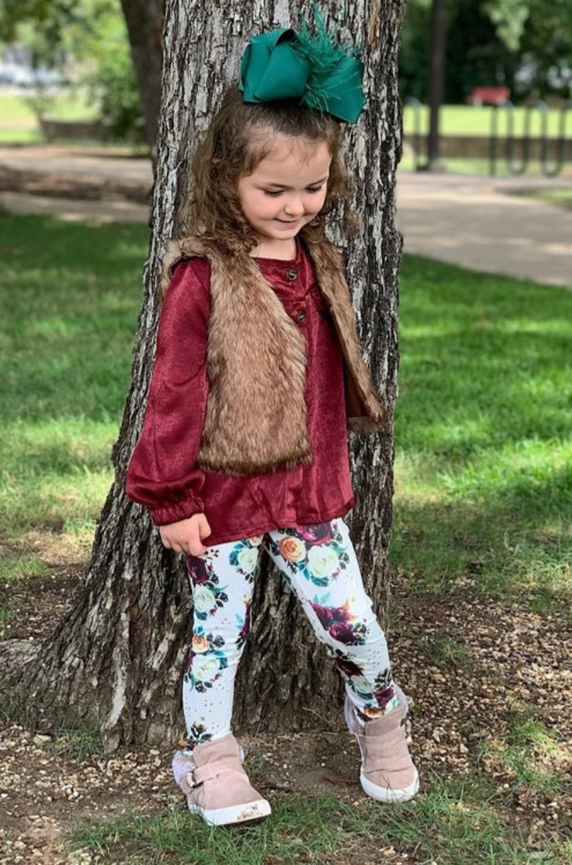 girls burgundy satin shirt floral leggings fur vest set matching sisters girls babywinter clothes outfits