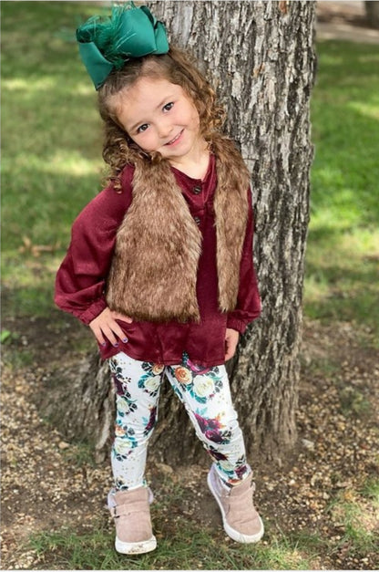 girls burgundy satin shirt floral leggings fur vest set matching sisters 