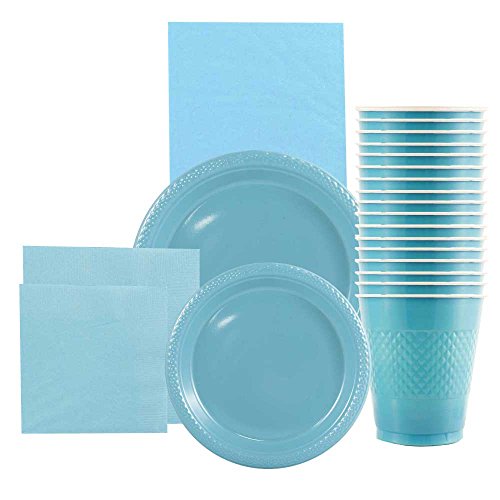 JAM Paper Party Supply Assortment Pack - Sea Blue - Plates (2 Sizes), Napkins (2 Sizes), Cups (1 pack) & Tablecloth (1 pack) - 6/pack