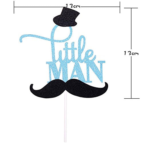 Rainlemon(TM) Glitter Blue Mustache Little Man Cake Topper Birthday Party Baby Shower Gender Reveal Cake Decoration