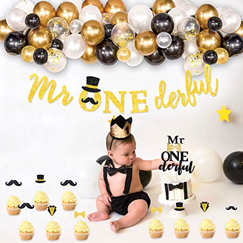 Hombae Mr Onederful Birthday Decorations Supplies Kit, Mr. Onederful 1st Birthday Boy Party Decorations, Dapper Themed Bday Banner, Cake Topper, Black & Gold Balloons Garland