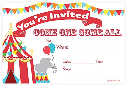 Carnival Circus Invitations - Birthday Party or Baby Shower - Fill In Style (20 Count) With Envelopes by m&h invites