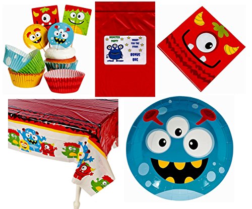 Silly Monsters Kid's Birthday Party Decorations Tableware Bundle (1 Tablecover, 50 Cupcake Picks & Baking Cups, 16 Napkins, 8 Plates & Bonus Bag) by Multiple