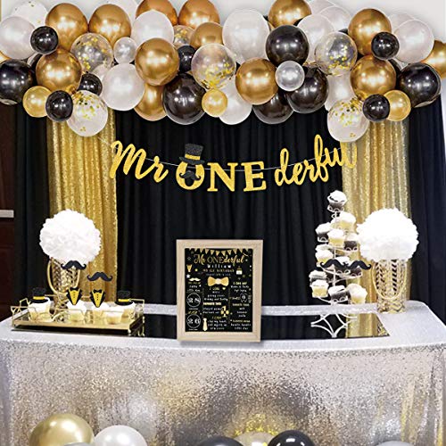 Hombae Mr Onederful Birthday Decorations Supplies Kit, Mr. Onederful 1st Birthday Boy Party Decorations, Dapper Themed Bday Banner, Cake Topper, Black & Gold Balloons Garland