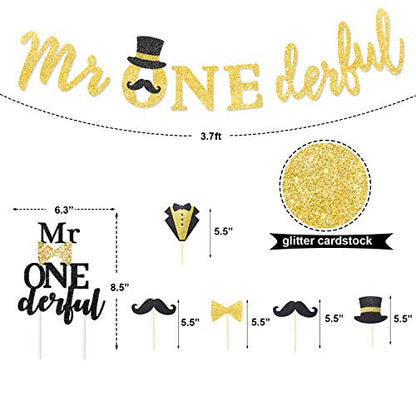 Hombae Mr Onederful Birthday Decorations Supplies Kit, Mr. Onederful 1st Birthday Boy Party Decorations, Dapper Themed Bday Banner, Cake Topper, Black & Gold Balloons Garland