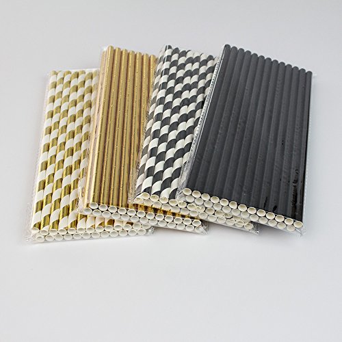 Biodegradable Stripe Straws Gold and Black Paper Drinking Straws for Party 100 Pcs 7.75 Inches for Adult and Kids by Youmewell