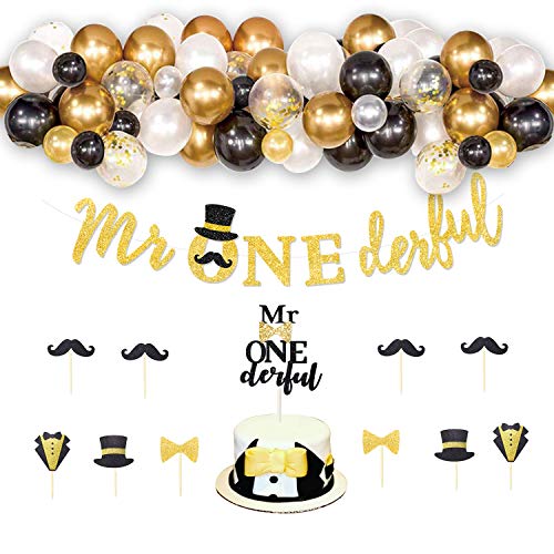 Hombae Mr Onederful Birthday Decorations Supplies Kit, Mr. Onederful 1st Birthday Boy Party Decorations, Dapper Themed Bday Banner, Cake Topper, Black & Gold Balloons Garland