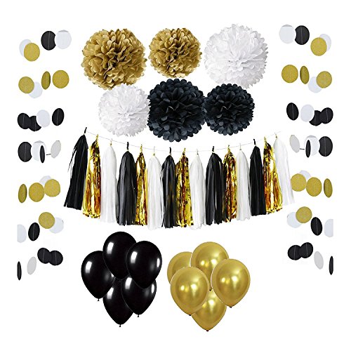 Wartoon 43 Pcs Paper Pom Poms Flowers Tissue Balloon Tassel Garland Polka Dot Paper Garland Kit for Birthday Wedding Party Decorations - Black and Gold