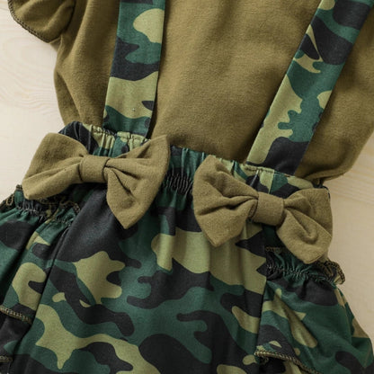 Baby Girl Camouflage Suspender Bloomers with Ruffle Sleeve Olive Green Romper and Matching Head Band Bow