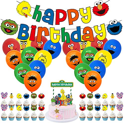 Sesame Street inspired happy birthday party decorations elmo balloon abby cadabby cookie monster balloons cupcake toppers highchair decoration banner