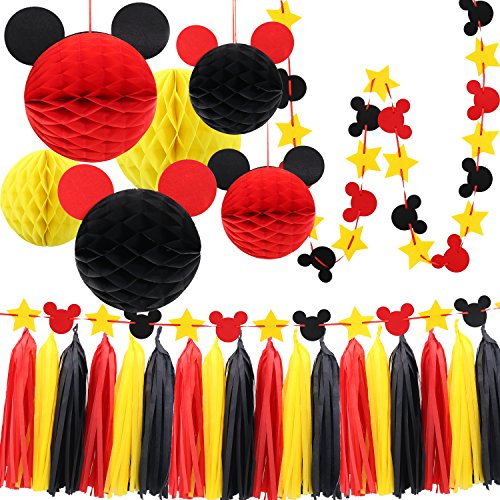 Mickey Mouse Party Decoration Kit, Colourful Mickey Paper Honeycomb Balls, Red Yellow & Black Tassel Garland and Tissue Paper Tassel Themed Pary Ideas