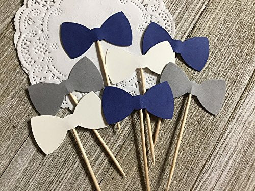 Navy Blue Grey and White Bowtie Cupcake Toppers - Food Picks - Party Picks - Baby Shower Toppers - Bow tie Toppers (Set of 24)