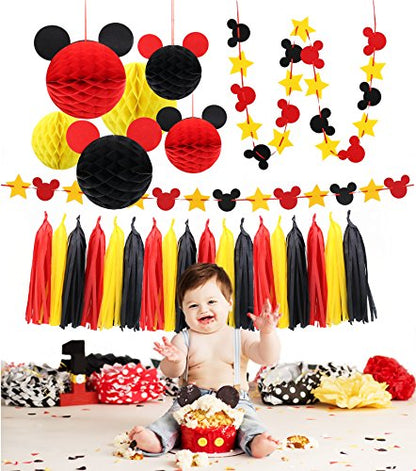 Mickey Mouse Party Decoration Kit, Colourful Mickey Paper Honeycomb Balls, Red Yellow & Black Tassel Garland and Tissue Paper Tassel Themed Pary Ideas