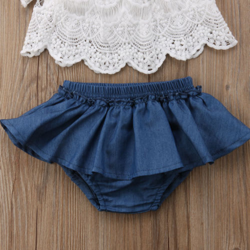 Summer Baby Girls Off Shoulder White Lace Tops and Denim Skirt Bloomer Shorts Dress Outfits Clothes