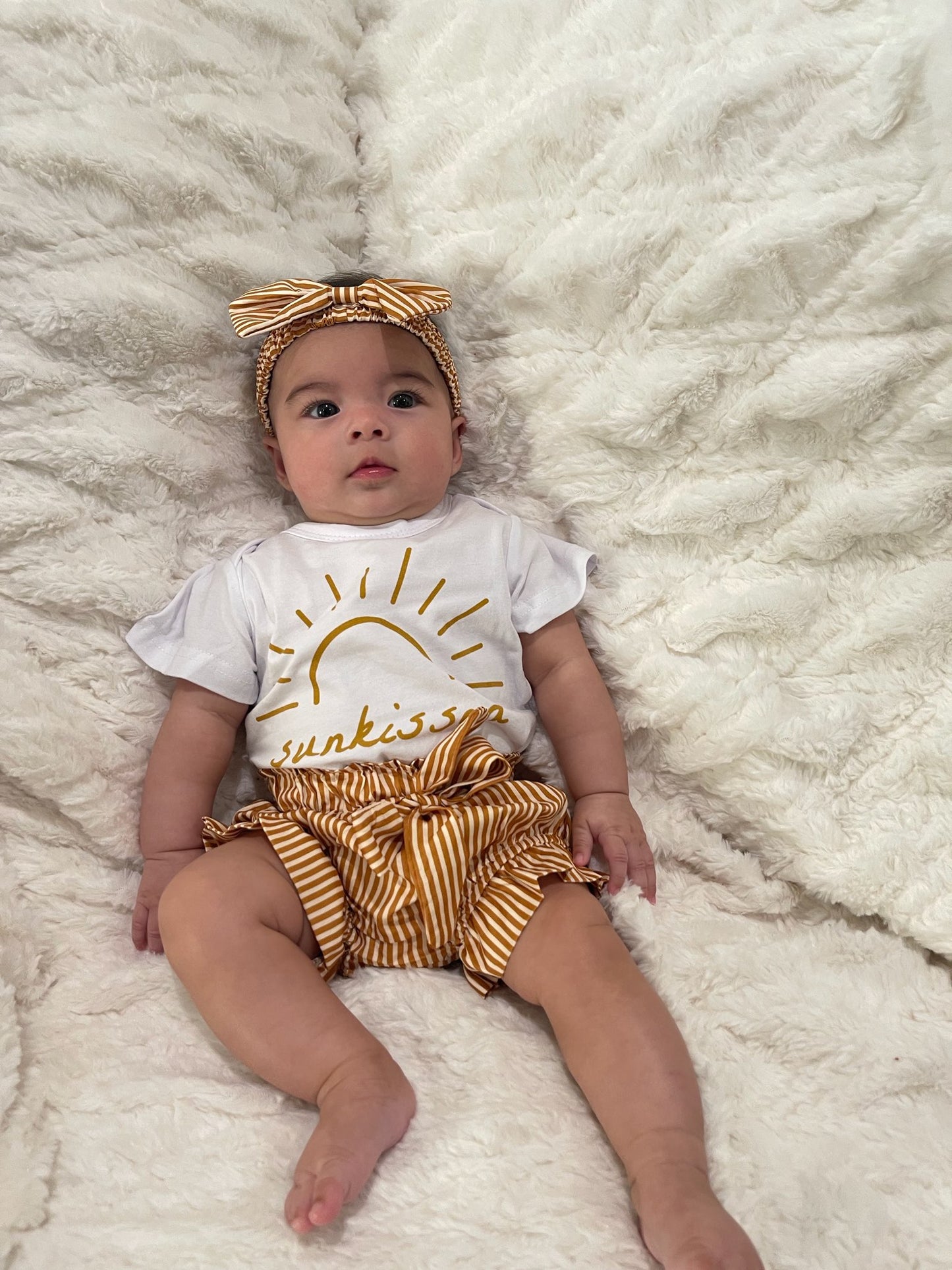 Baby Girl Sunkissed Onesie with Mustard and White Stripre Bloomer Shorts and Matching Headband