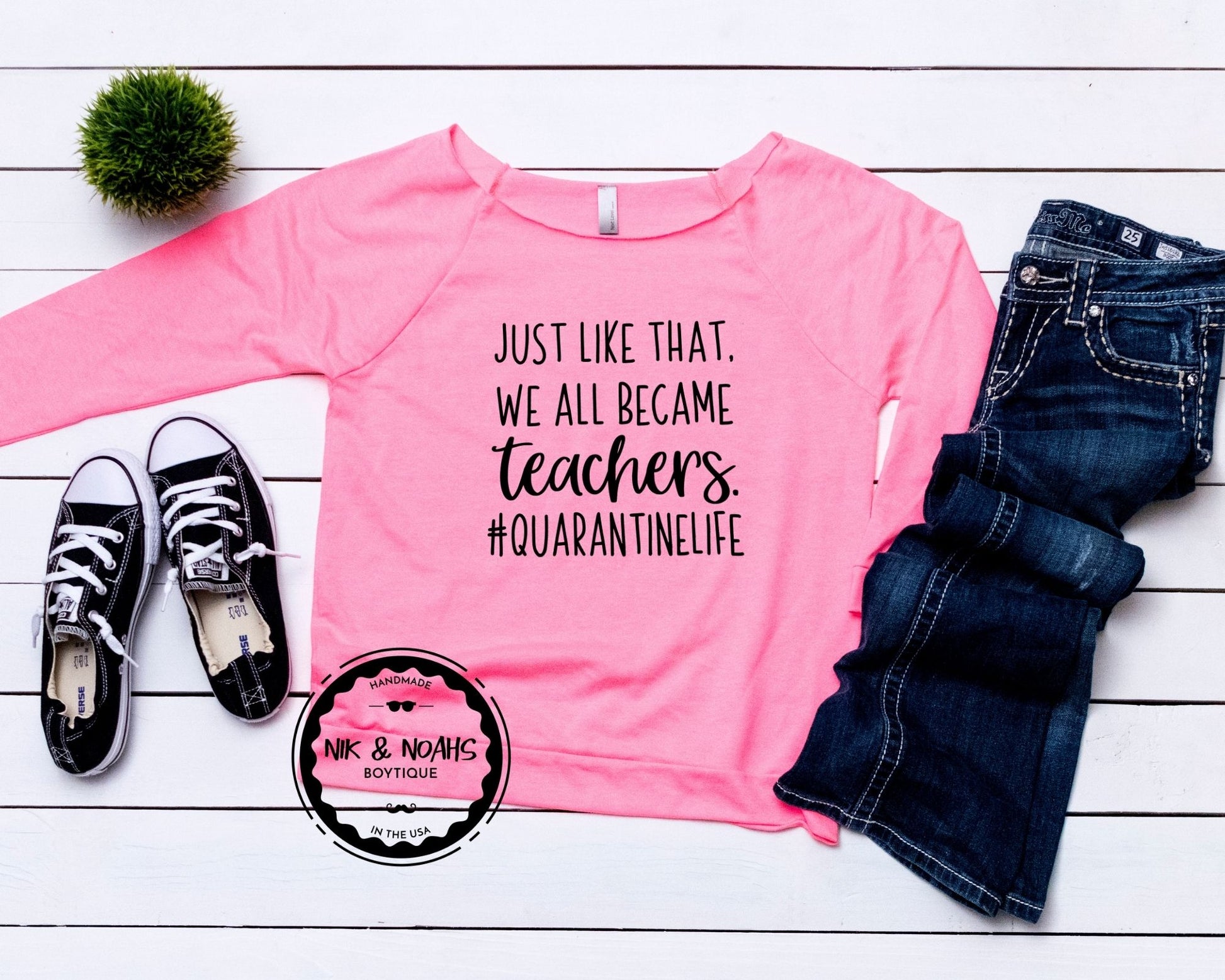 graphic tees for moms quarantine #quarantine just like that we all became teachers funny shirts for moms long sleeve cute style hot pink off the shoulder