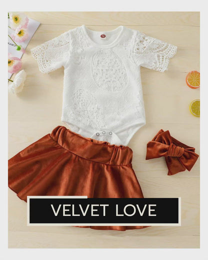 Baby Girl White Lace Romper and Velvet Skirt and Bow Set for Fall Boho Style