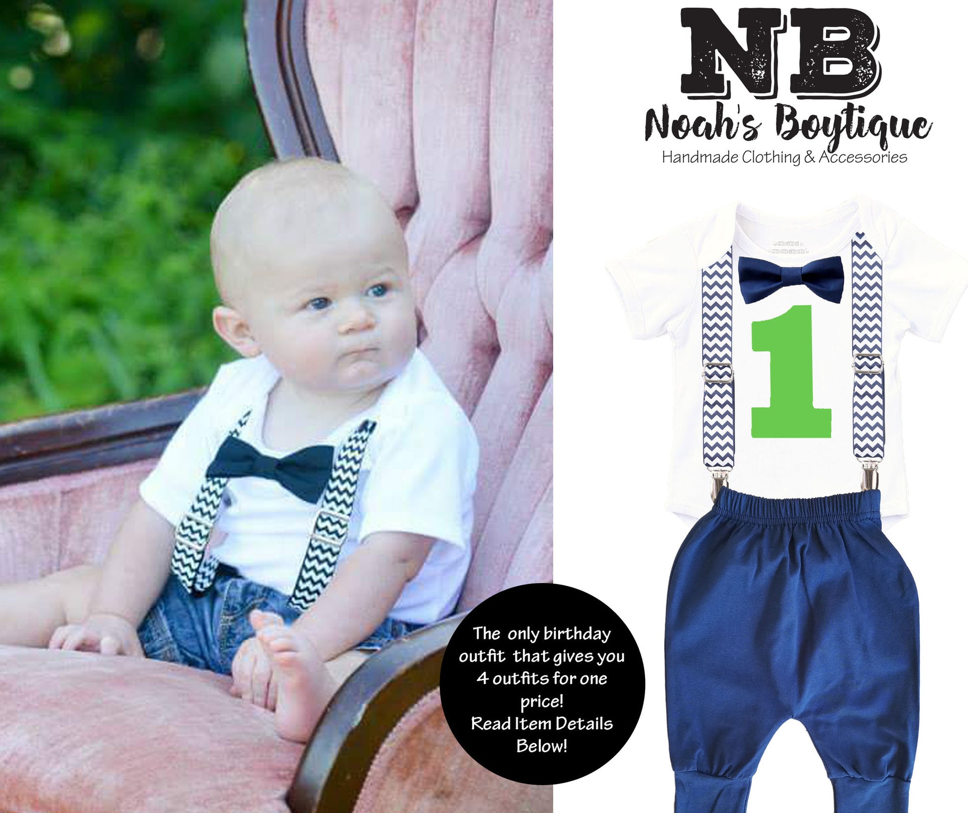 first birthday outfit baby boy navy blue and lime chevron monochrome birthday onesie noah's boytique suspenders bow tie number one cake smash