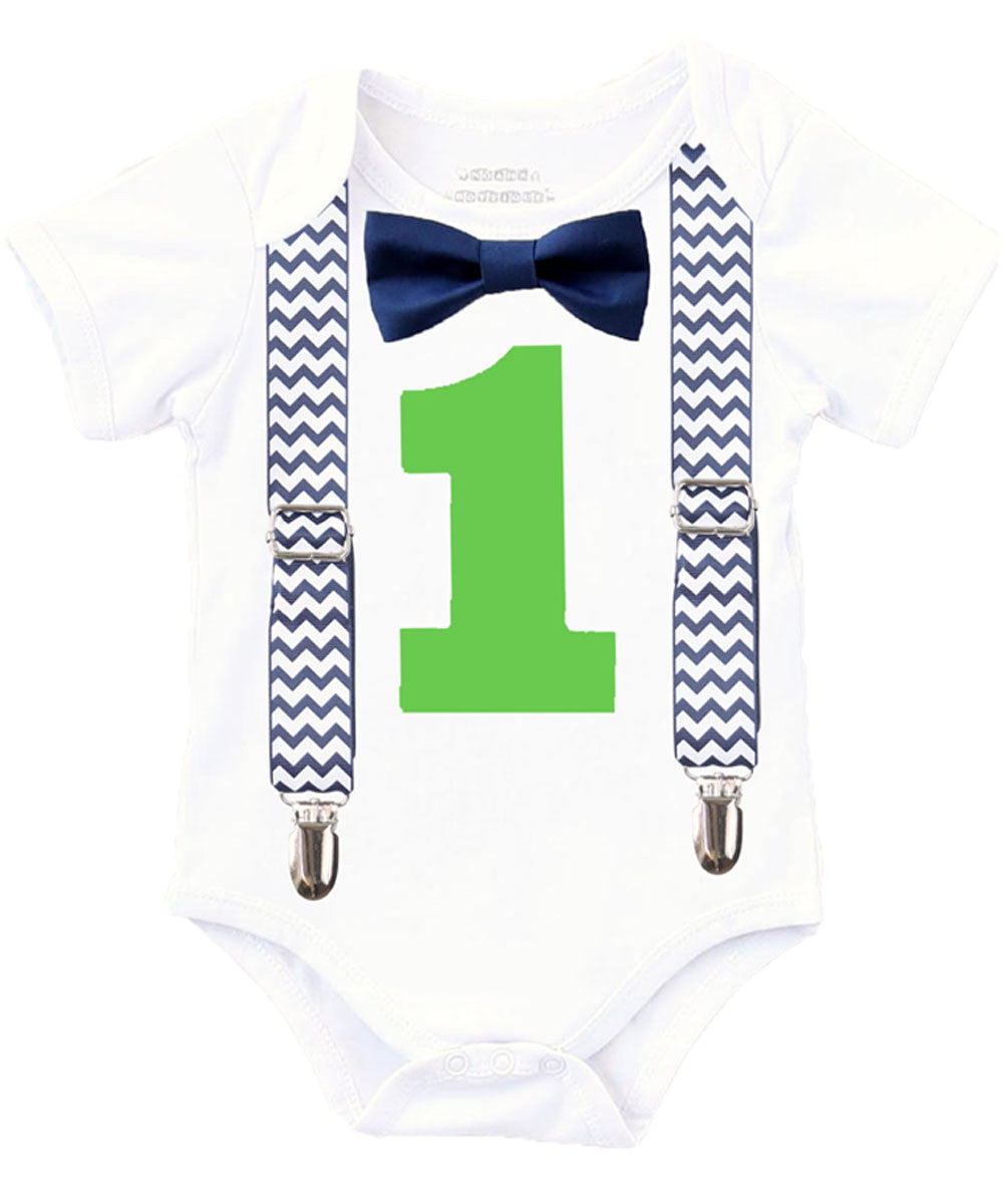 first birthday outfit baby boy navy blue and lime chevron monochrome birthday onesie noah's boytique suspenders bow tie number one cake smash