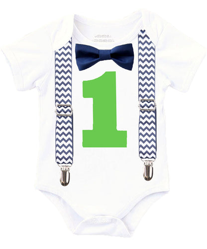 first birthday outfit baby boy navy blue and lime chevron monochrome birthday onesie noah's boytique suspenders bow tie number one cake smash