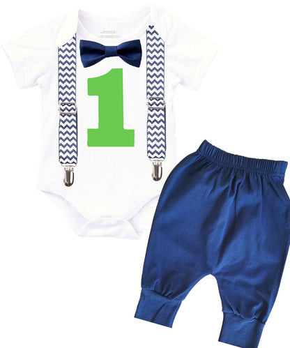 first birthday outfit baby boy navy blue and lime chevron monochrome birthday onesie noah's boytique suspenders bow tie number one cake smash