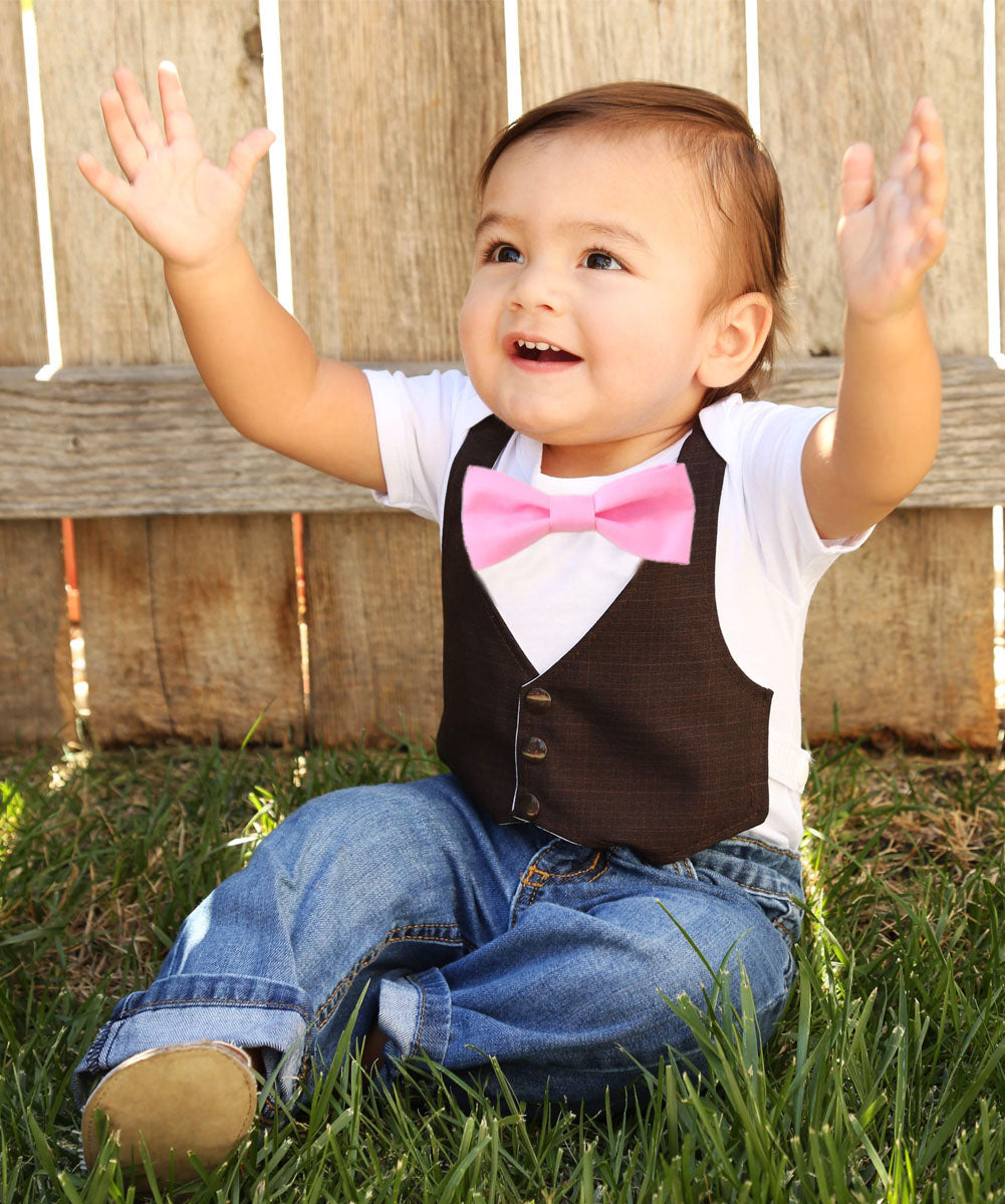 Fall Baby Clothes Boy Brown Suede Vest with Bow Tie Picture Outfit