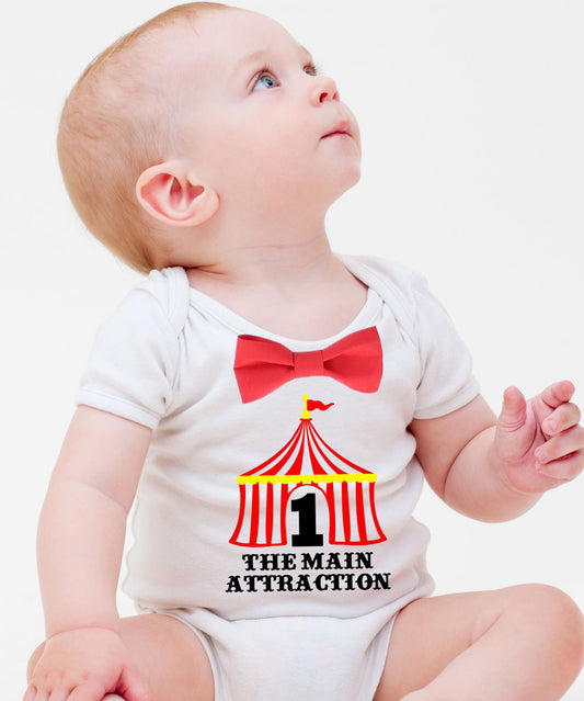 Circus First Birthday Outfit Boy, Circus Tent with Number One, Red and White Stripe Suspenders Bow Tie, Colorful Dots, Carnival Party Shirt Circus First Birthday Onesie