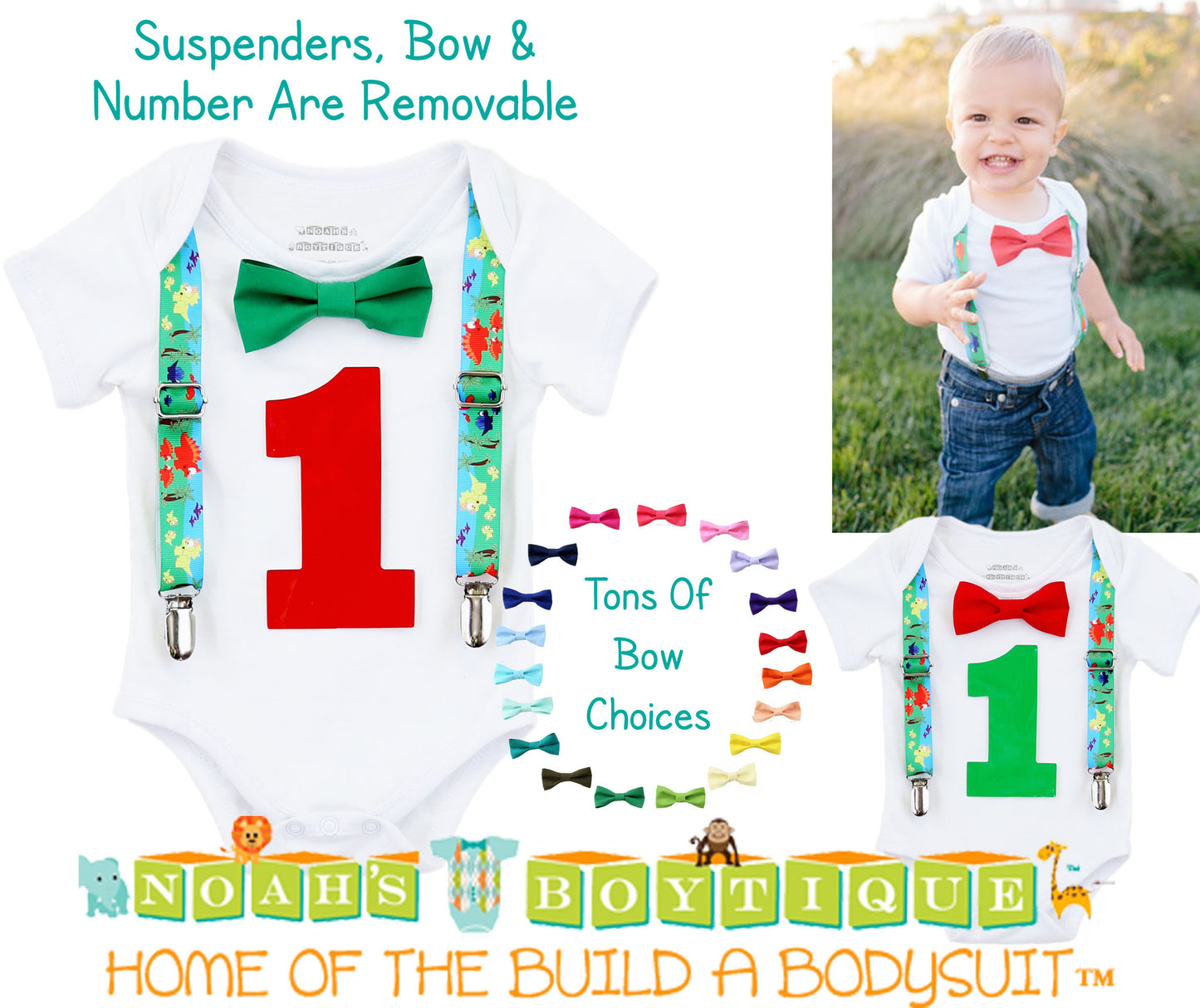 First Birthday Dinosaur Outfit - Shirt - 1st Birthday Boy - Dinosaur Party - Dinosaur Theme - Dinosaur Outfit - Dinosaur Suspenders - Green - Noah's Boytique  - Baby Boy First Birthday Outfit