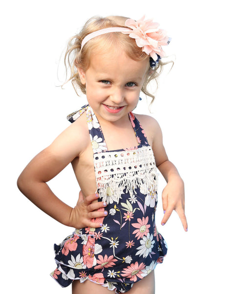 Baby Girl Navy Floral Romper With Peach Flowers and Lace Trim – Test