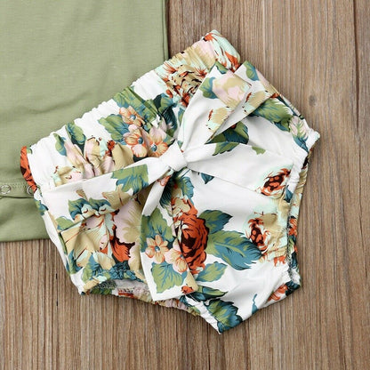 Baby Girl Clothes Sleeveless Ruffle Romper Flower Print Short Pants Headband Outfit 3 piece Set Bloomers Boho Vintage Vibes