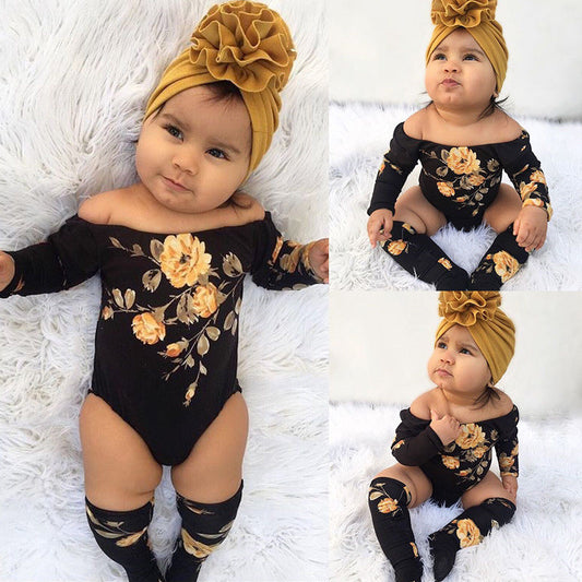 Baby Girl Floral Off  the Shoulder Romper Jumpsuit with Matching Knee Socks Black and Mustard