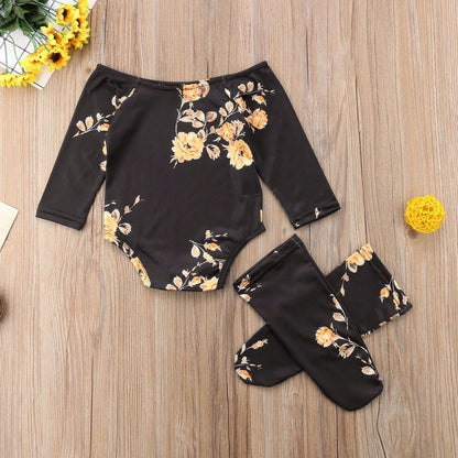 Baby Girl Floral Off  the Shoulder Romper Jumpsuit with Matching Knee Socks Black and Mustard