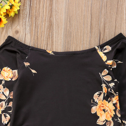 Baby Girl Floral Off  the Shoulder Romper Jumpsuit with Matching Knee Socks Black and Mustard