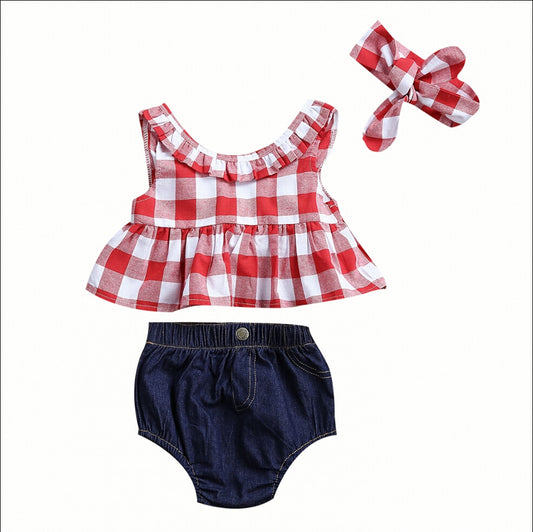 Baby Girl Sleeveless Ruffle Red and White Gingham Top and Denim Bloomers Summer Outfit