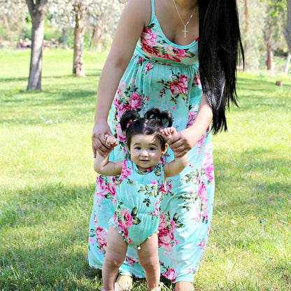 Mother Daughter Kids Maxi Dresses for Girls Romper Floral Mint Family Matching Clothes Set Outfits Summer Mommy and Me Beach Dress