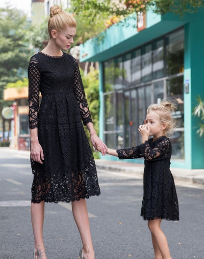 Mother Daughter Dresses Wedding Black Lace White Lace Autumn Mommy and Me Clothes Fancy Dresses