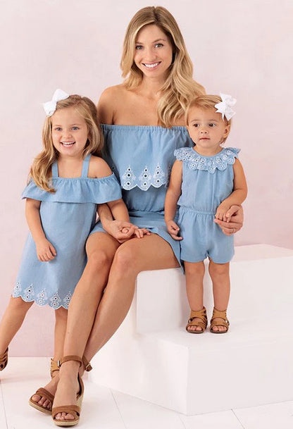 Mommy and Me Matching Clothes Lace Women Jumpsuit Girl Dress Baby Romper Jumpsuits  Mom and Daughter Cute Outfits