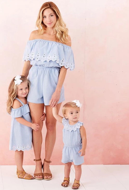 Mommy and Me Matching Clothes Lace Women Jumpsuit Girl Dress Baby Romper Jumpsuits  Mom and Daughter Cute Outfits