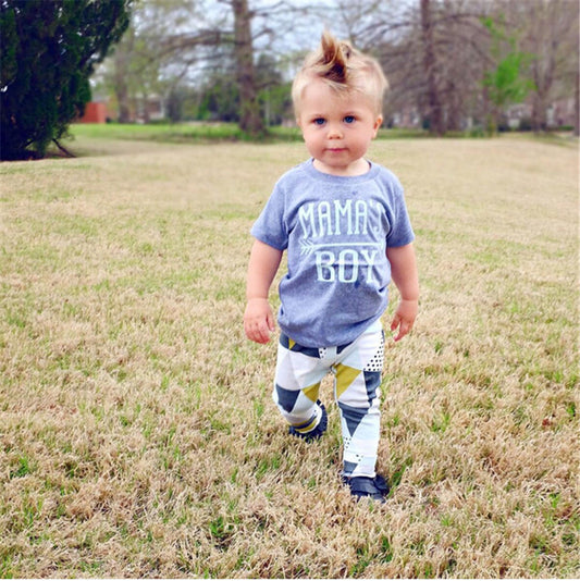 Mama's Boy Light Blue Shirt and Triangle Print Leggings Pants Baby Boy Outfit Set Navy Mustard Blue