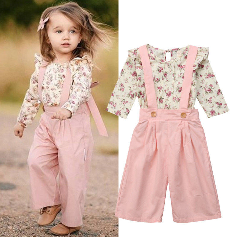 Girls Fall Jumpsuit with Floral Ruffle Top Overalls Pink