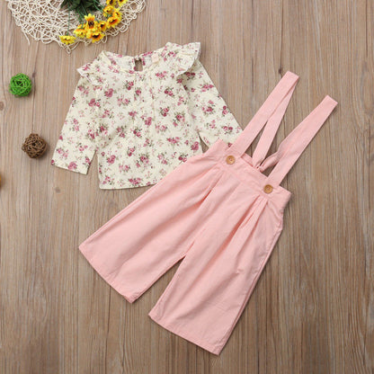 Girls Fall Jumpsuit with Floral Ruffle Top Overalls Pink