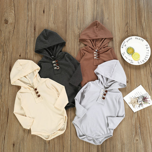 Long Sleeve Thermal Style Hooded Baby Rompers Infant Baby Girls Baby Boys Unisex Winter Outfits for Babies Neutral Tones