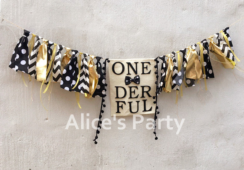 Mr Onederful  Black Gold Highchair Banner Boy 1st Birthday Party Garland Bunting Gentleman Themed Baby shower Decorations