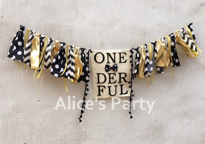 Mr Onederful  Black Gold Highchair Banner Boy 1st Birthday Party Garland Bunting Gentleman Themed Baby shower Decorations