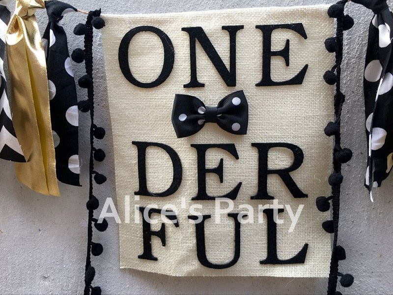 Mr Onederful  Black Gold Highchair Banner Boy 1st Birthday Party Garland Bunting Gentleman Themed Baby shower Decorations