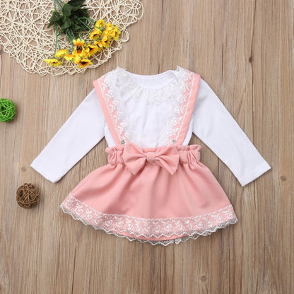 girls pink overall skirt set baby  girls pink overall set  girls pink skirt with bow and lace long sleeve shirt set  girls long sleeve lace shirt