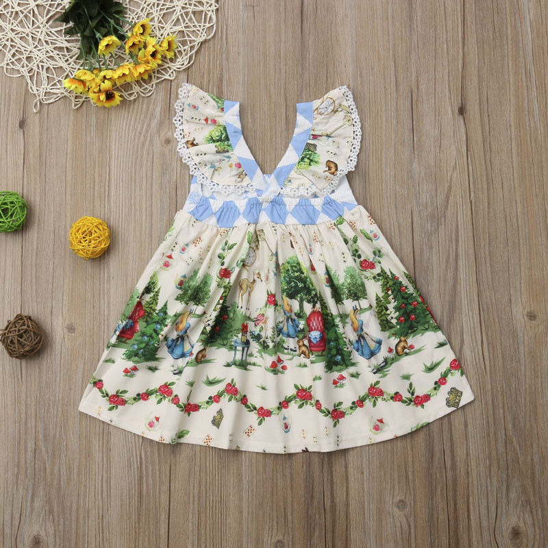 Toddler Girls Vintage Inspired Alice in Wonderland Dress Retro Print