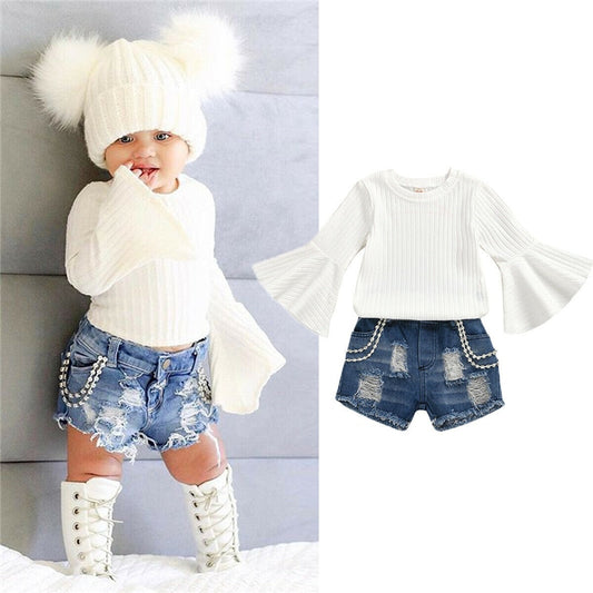 Toddler Girl Distressed Denim Shorts with White Flutter Sleeve Top