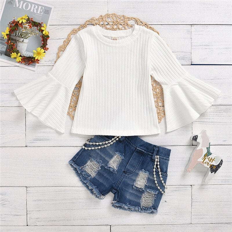 Toddler Girl Distressed Denim Shorts with White Flutter Sleeve Top